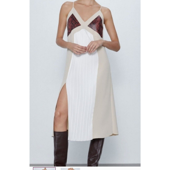Zara Pleated Slip Dress Snakeskin Inset Bodice Womens Small S - Picture 1 of 6